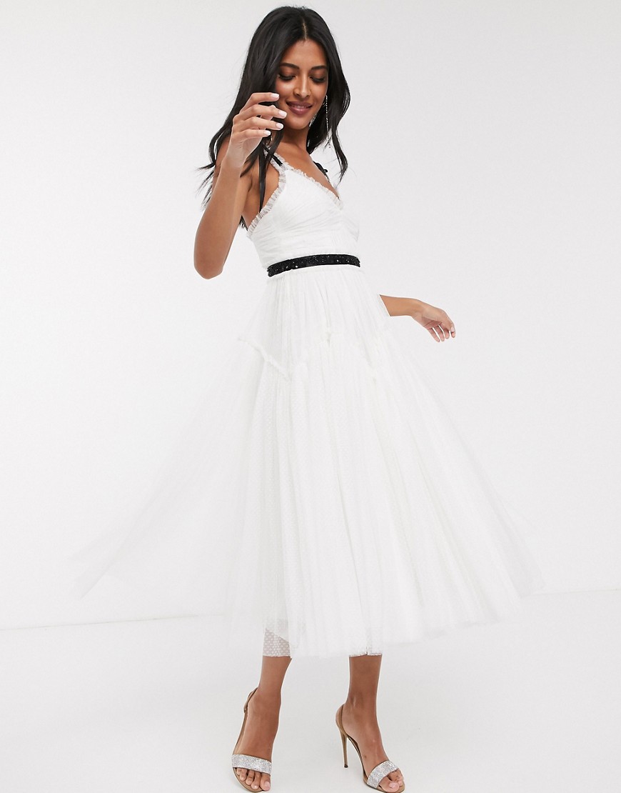Needle & Thread Bridal bow detail midi dress with contrast waistband in ivory-White