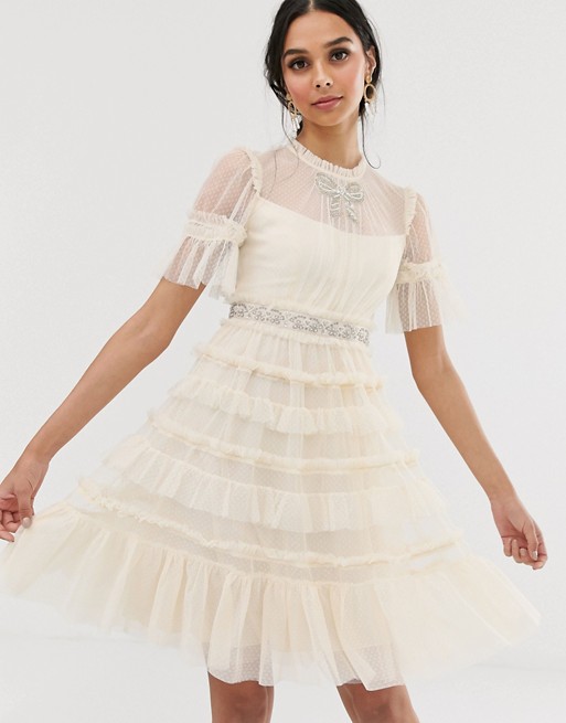 Needle & Thread bridal embellished bow midi dress in cream