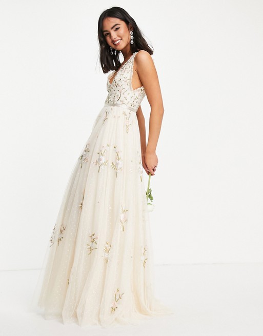 Needle & Thread Bridal Petunia maxi dress with floral embroidery in ivory