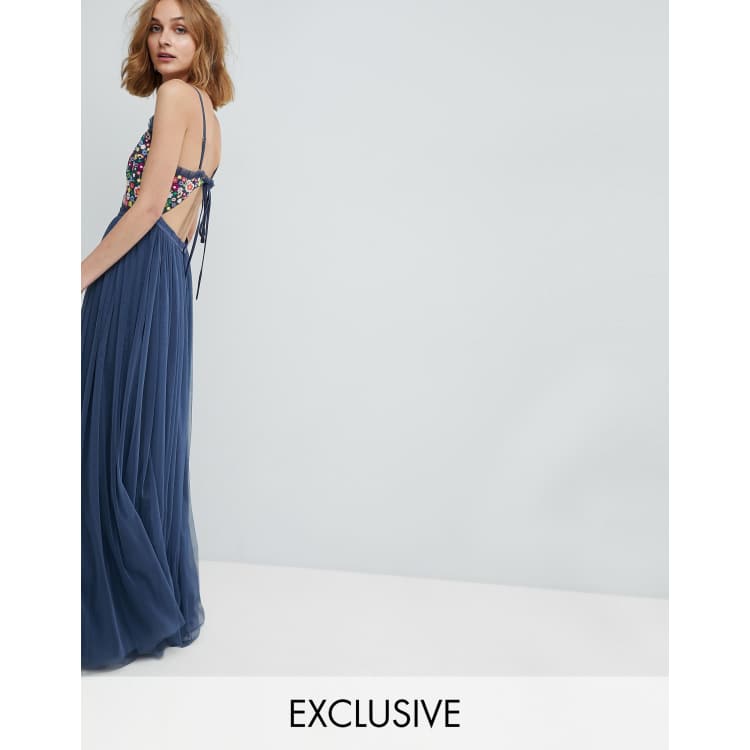 needle & thread cami strap midi dress with open back Tulle Needle And Thread Rose Dress Needle Thread Embroidered Tulle Midi  Dress With Cami Straps In