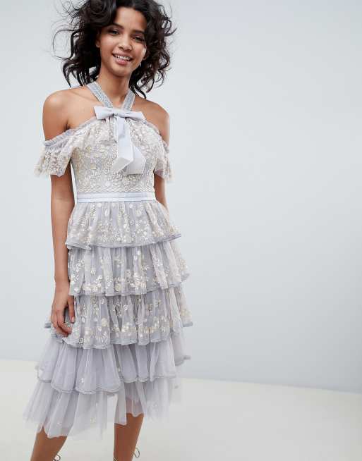 Needle Thread cold shoulder embroidered midi dress with pussybow in vintage blue