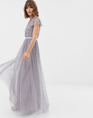 needle & thread embellished bodice tulle maxi gown in lavender