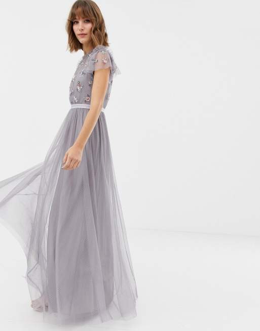 Needle & thread embellished bodice tulle maxi gown in lavender outlet