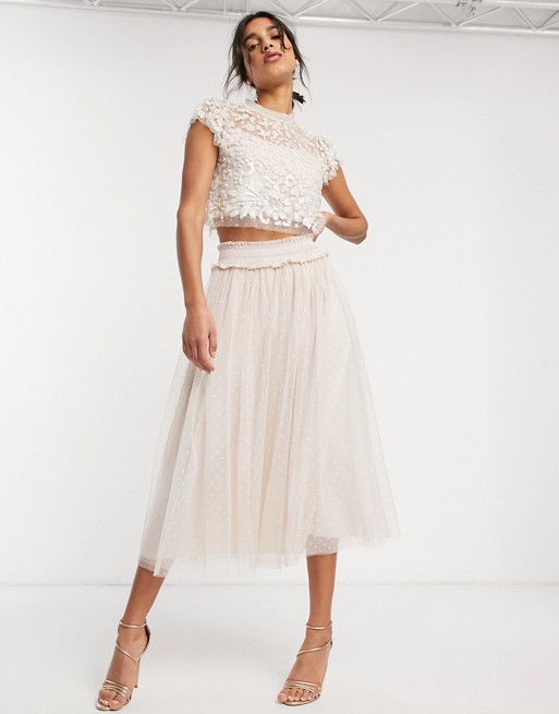 Needle & Thread embellished crop top in blush and cream