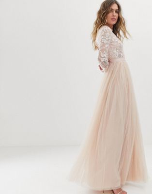 needle & thread embellished long sleeve maxi dress with tulle skirt in rose quartz