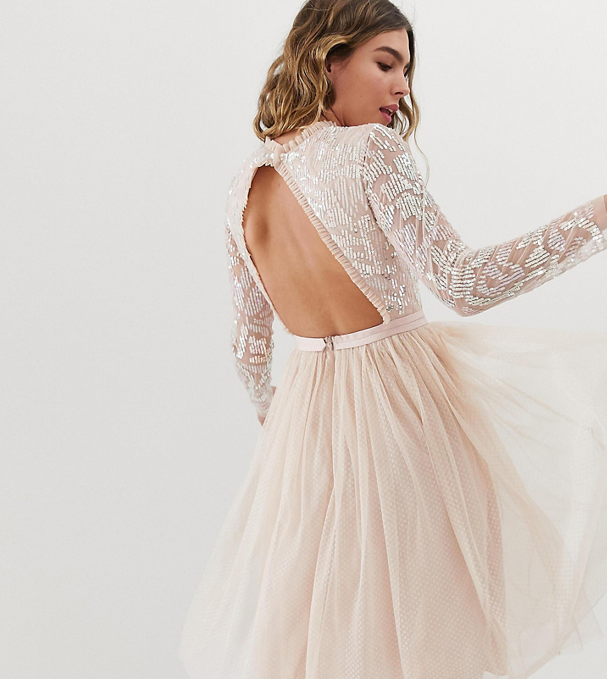 Needle & Thread embellished long sleeve midi dress with tulle skirt in rose quartz-Pink