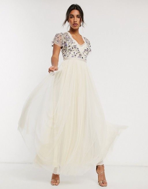 Needle & Thread embellished maxi dress with tulle skirt in cream