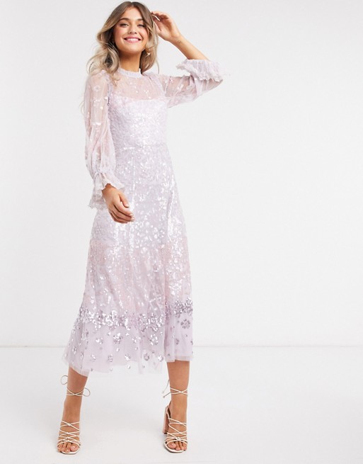 Needle Thread Embellished Midaxi Dress With Fluted Sleeve In Lilac Asos