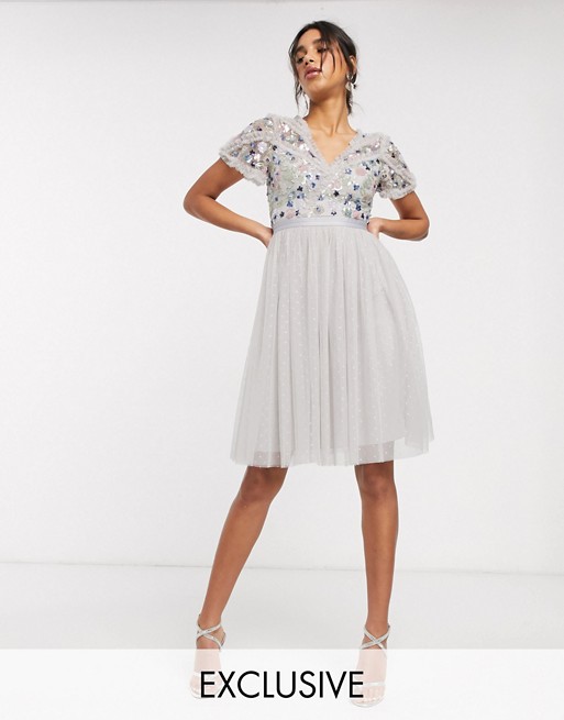 Needle & Thread embellished midi dress with tulle skirt in lilac grey
