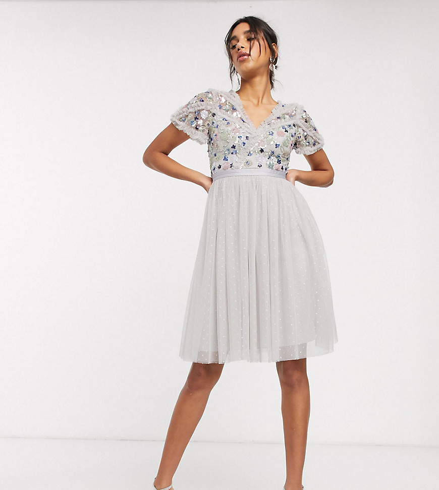 Needle & Thread embellished midi dress with tulle skirt in lilac grey