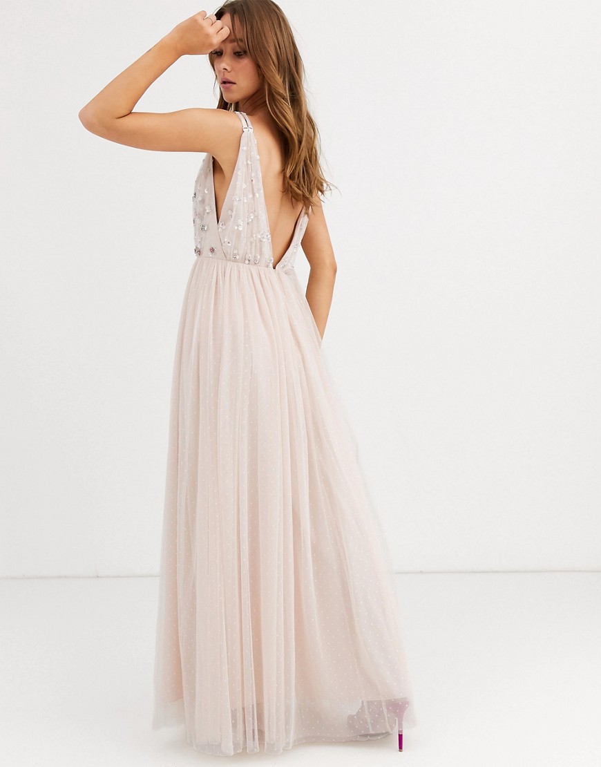 Needle & Thread embellished plunge tulle skirt maxi dress in blush-Pink