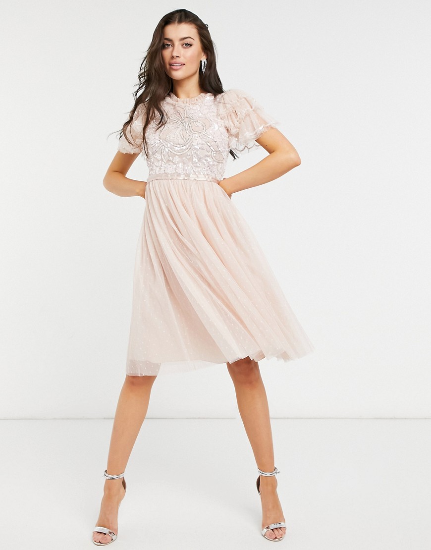 Needle & Thread embellished ruffle sleeve midi dress in blush-Pink