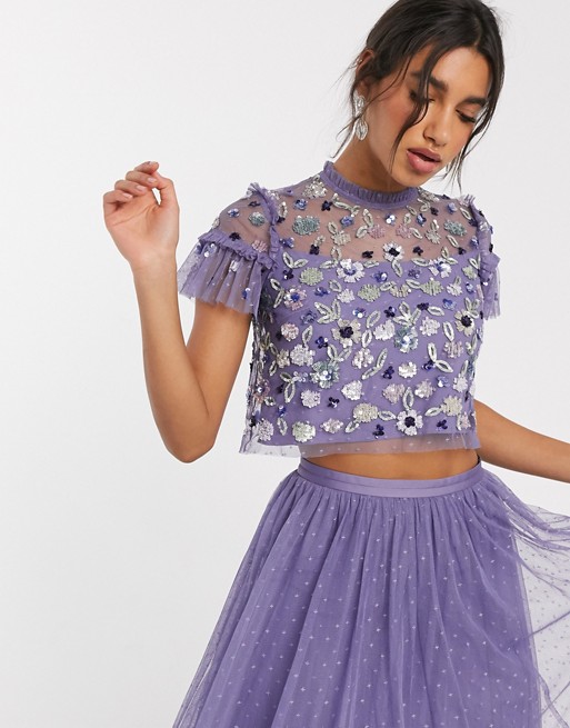 Needle & Thread embellished tulle crop top in lilac grey
