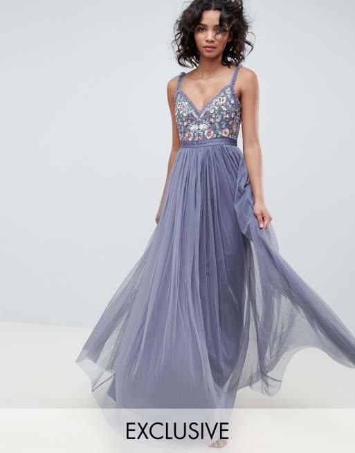 Needle & thread embroidered bodice cami top strap maxi dress in vintage navy