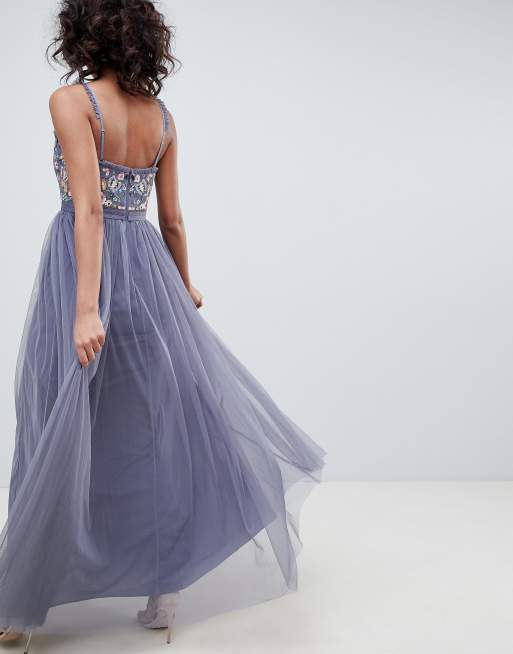 Needle Thread embroidered bodice cami strap maxi dress in vintage navy