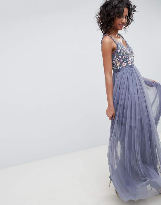 Needle & thread embroidered bodice cami top strap maxi dress in vintage navy
