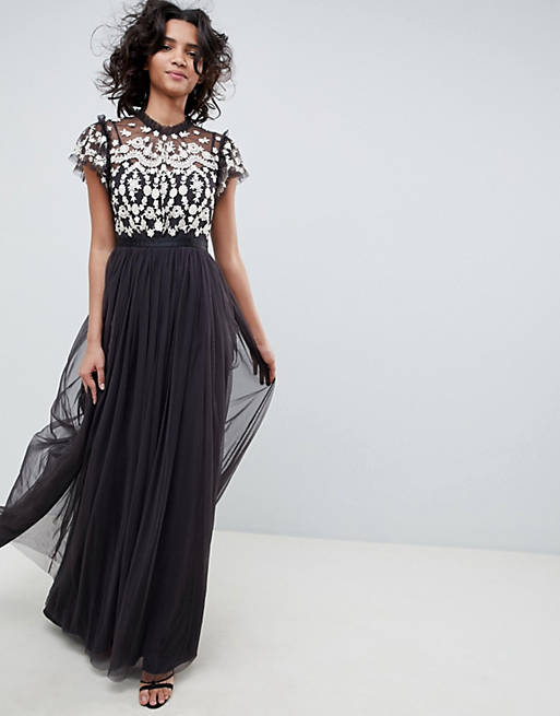 Needle & Thread embroidered bodice tulle maxi dress in graphite