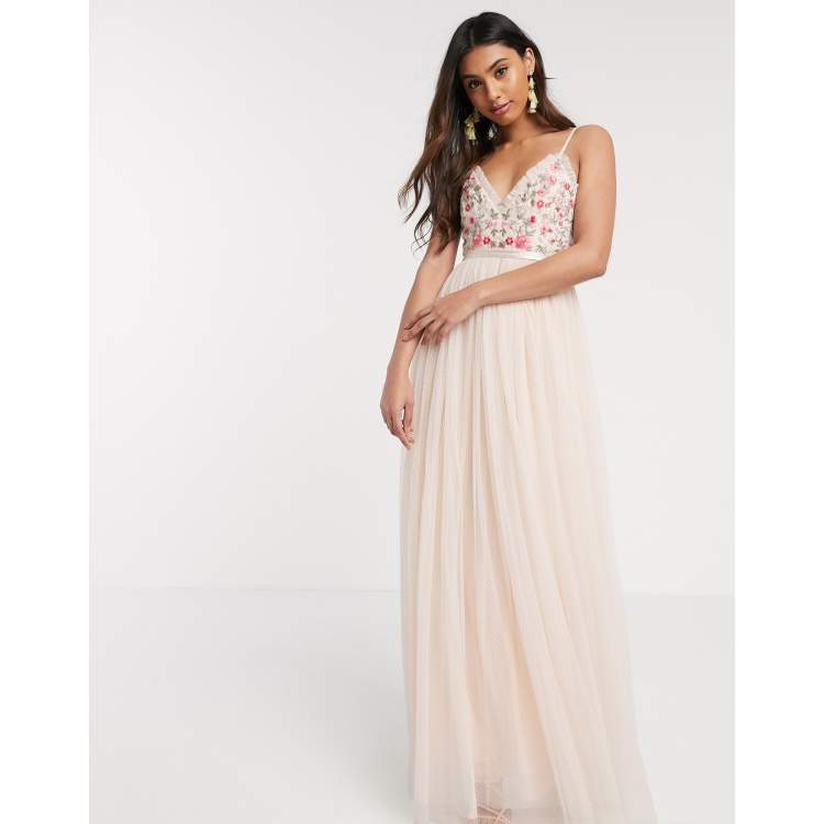 Needle Thread embroidered cami gown in blush ASOS