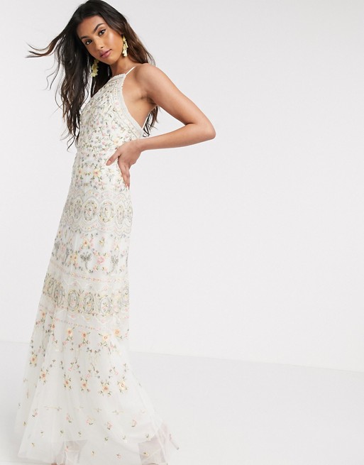 Needle & Thread embroidered cami maxi dress gown in ivory
