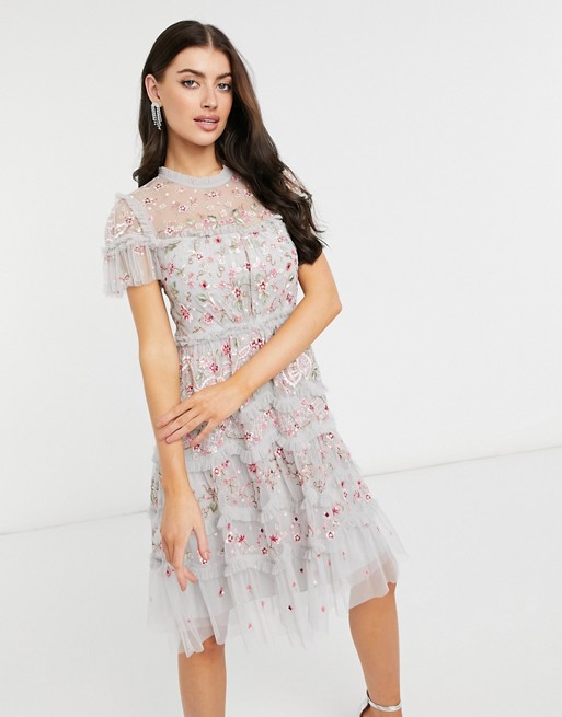 Needle & Thread embroidered cap sleeve ribbon mini dress in crystal blue