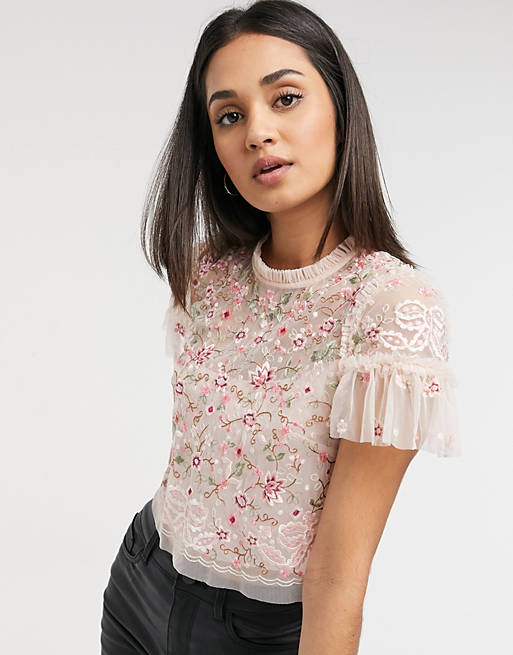 Needle & Thread embroidered crop top in blush floral