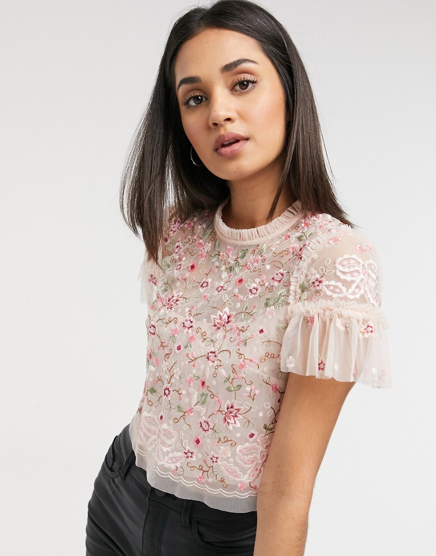 Needle & Thread embroidered crop top in blush floral-Pink