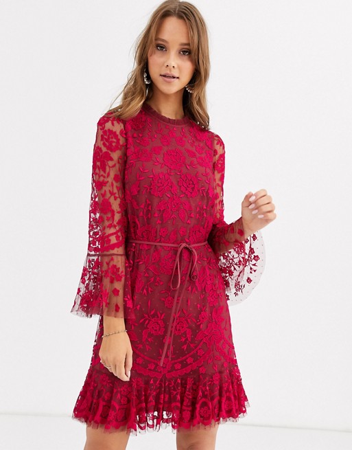 Needle & Thread embroidered flippy hem mini dress with fluted sleeves in red