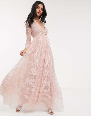 needle & thread tiered floral maxi dress with contrast waistband in rose quartz