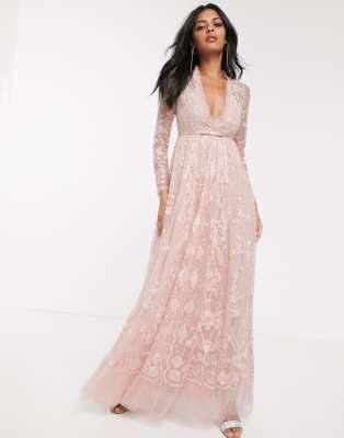 blush lace embroidered maxi shirt dress