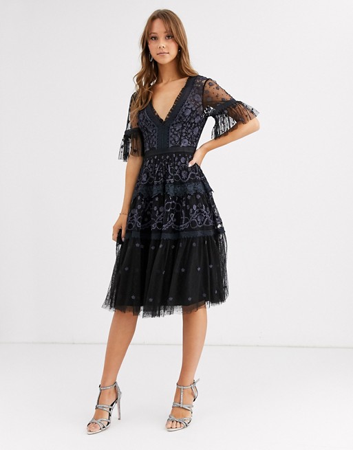 Needle & Thread embroidered lace midi dress in black and charcoal blue