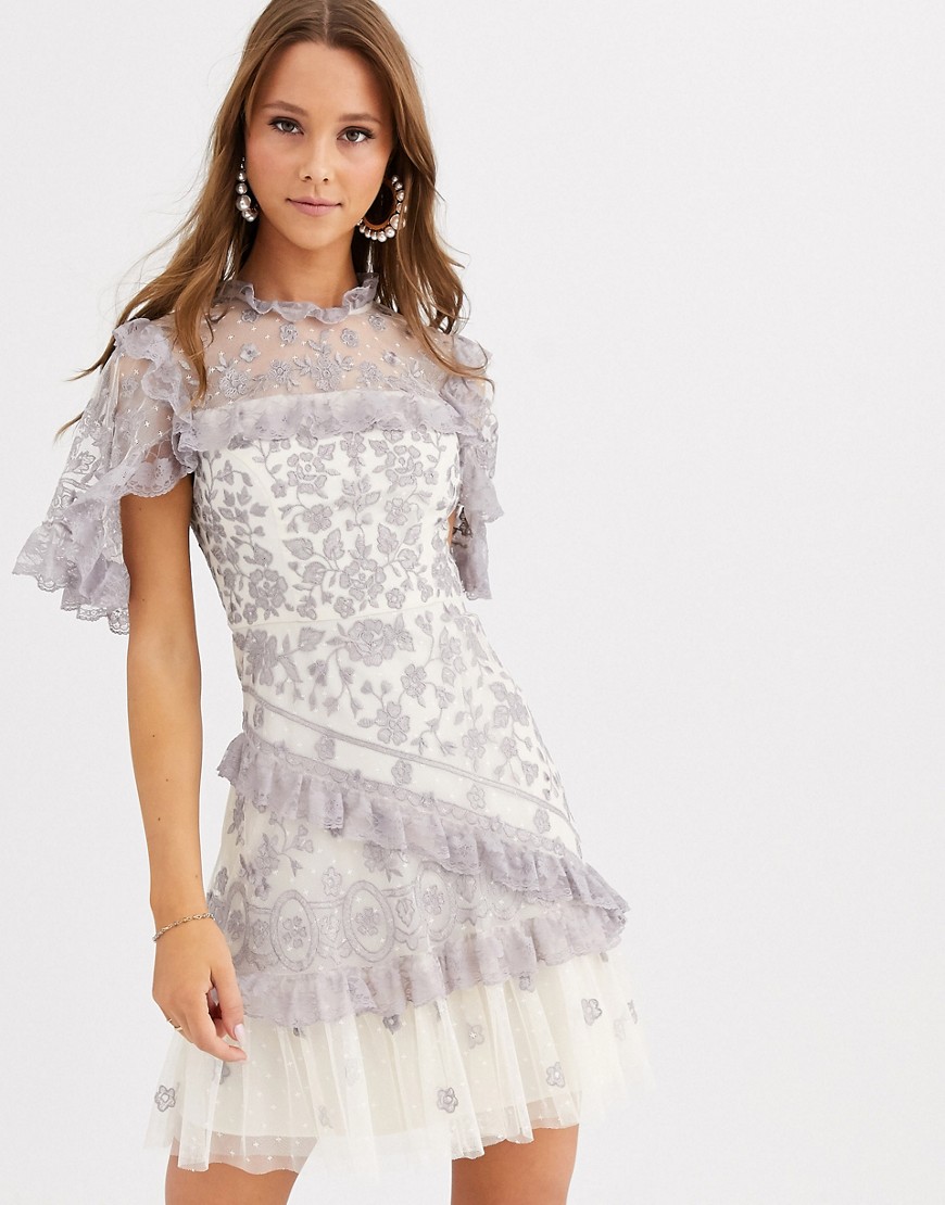 Needle & Thread embroidered lace mini dress with sheer sleeves in blue and cream-Multi