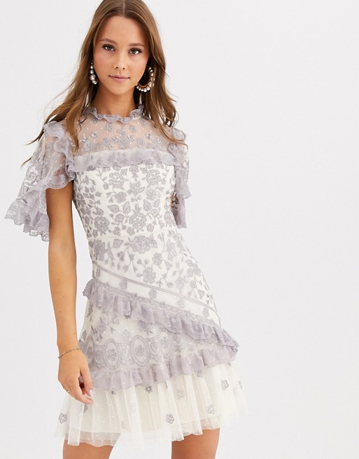 Needle & Thread embroidered lace mini dress with sheer sleeves in blue and cream