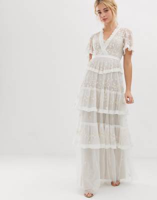 needle & thread embroidered lace tiered maxi dress in ivory