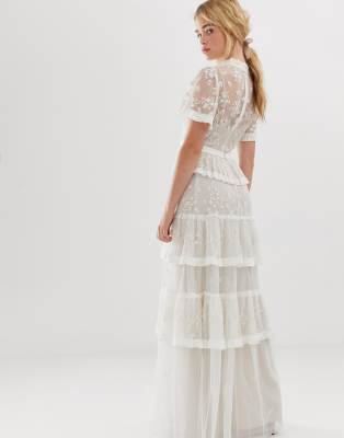 needle & thread embroidered lace tiered maxi dress in ivory