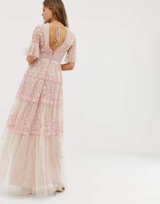 needle & thread embroidered maxi dress with flutter sleeve in rose