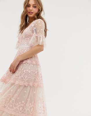 needle & thread embroidered tulle maxi dress with cap sleeve in rose