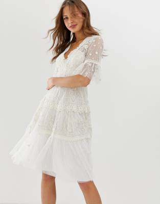 needle & thread embroidered midi dress with flutter sleeve in ivory