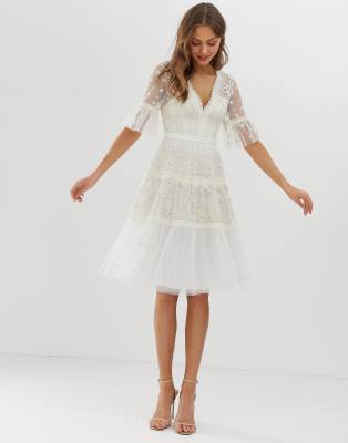 needle & thread embroidered midi dress with flutter sleeve in ivory