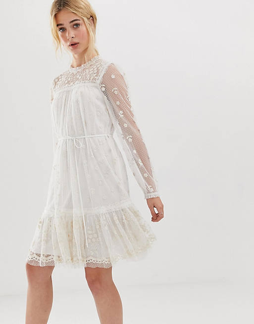 Needle & Thread embroidered midi smock dress with tie waist in ivory