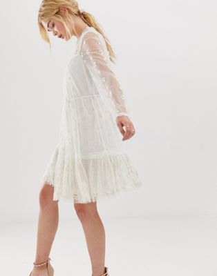 needle & thread embroidered midi dress with flutter sleeve in ivory