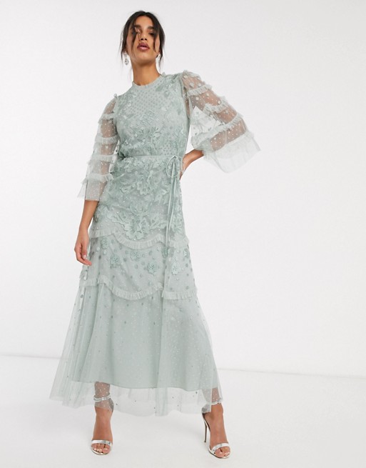 Needle & Thread embroidered tiered maxi dress with ruffle sleeves in mint