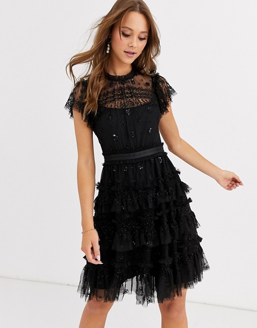 Needle & Thread embroidered tiered mini dress in black