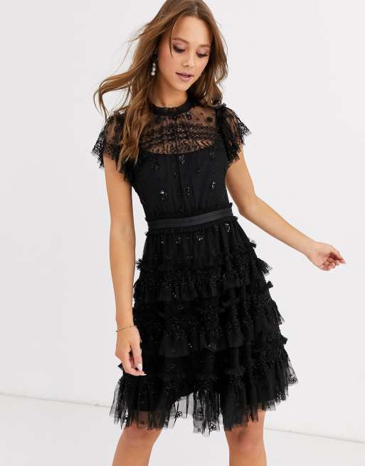 ballena azul filete Abultar Needle & Thread embroidered tiered mini dress in black | ASOS