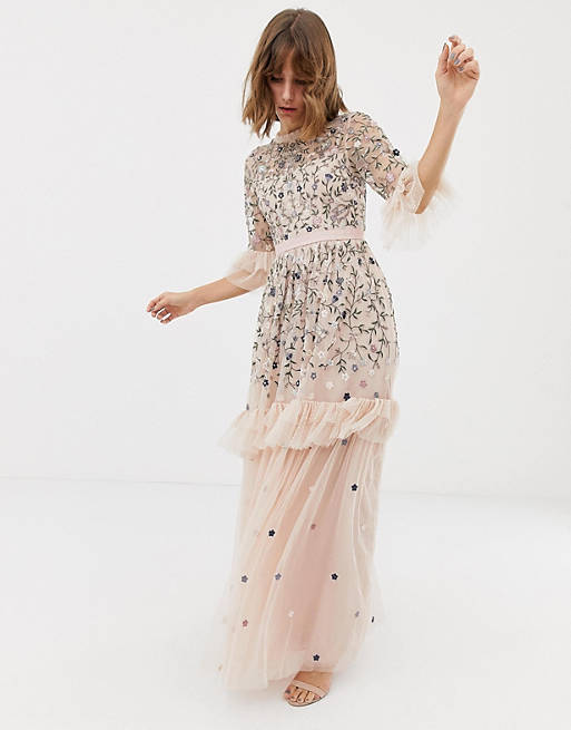 Needle & Thread embroidered tulle gown in rose