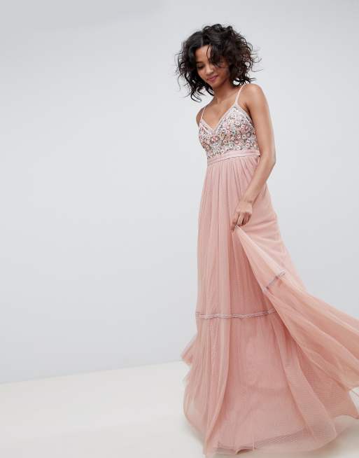 Needle & thread cami strap embroidered maxi dress in rose pink cheap
