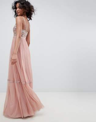 needle & thread cami strap embroidered maxi dress in rose pink