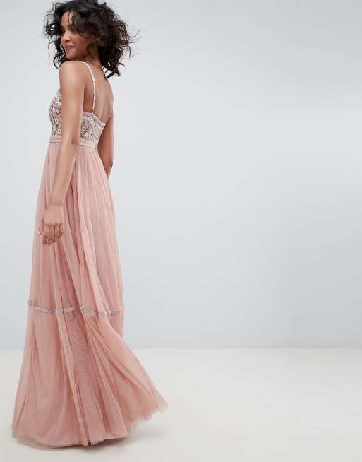 Needle & thread embroidered tulle maxi deals dress with cap sleeve in rose