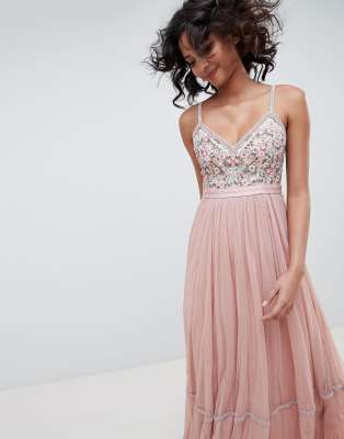 needle & thread embroidered tulle midi dress with cami straps in vintage rose