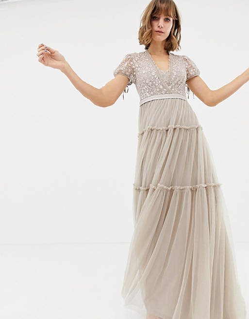 Needle & Thread embroidered tulle maxi dress with cap sleeve in rose