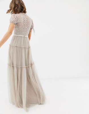 needle & thread embroidered tulle maxi dress with cap sleeve in rose